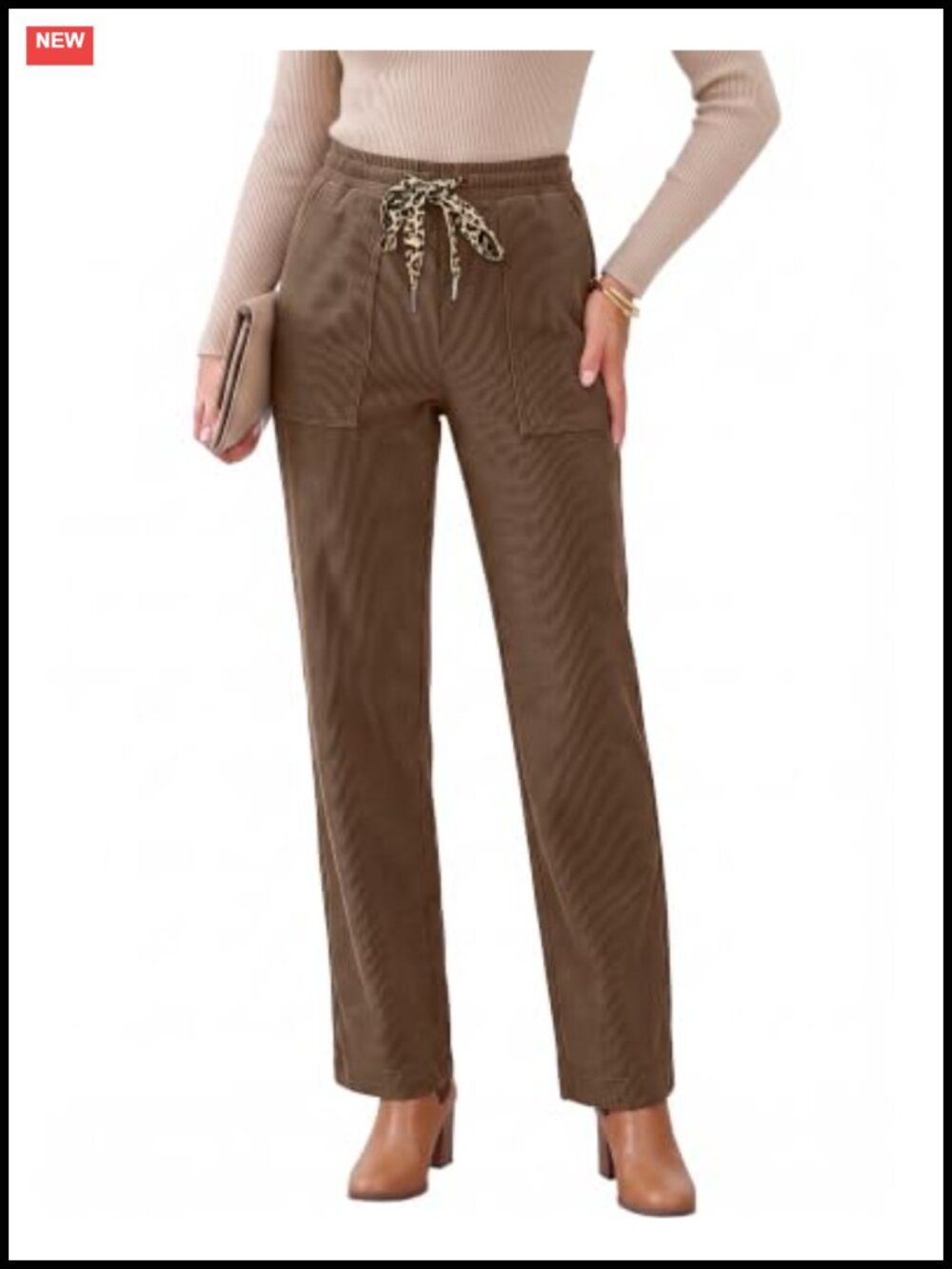 Corduroy Straight Leg Pants Women High Waist Drawstring Pockets